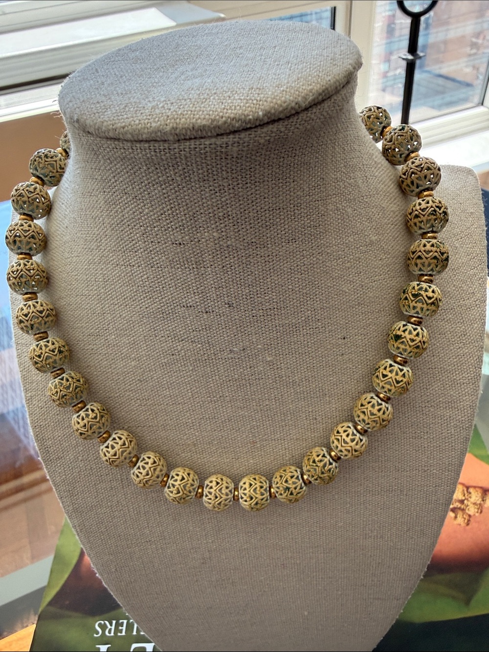 Vintage Monet Georgette Single Strand Gold Plated Filagree Beaded Necklace.